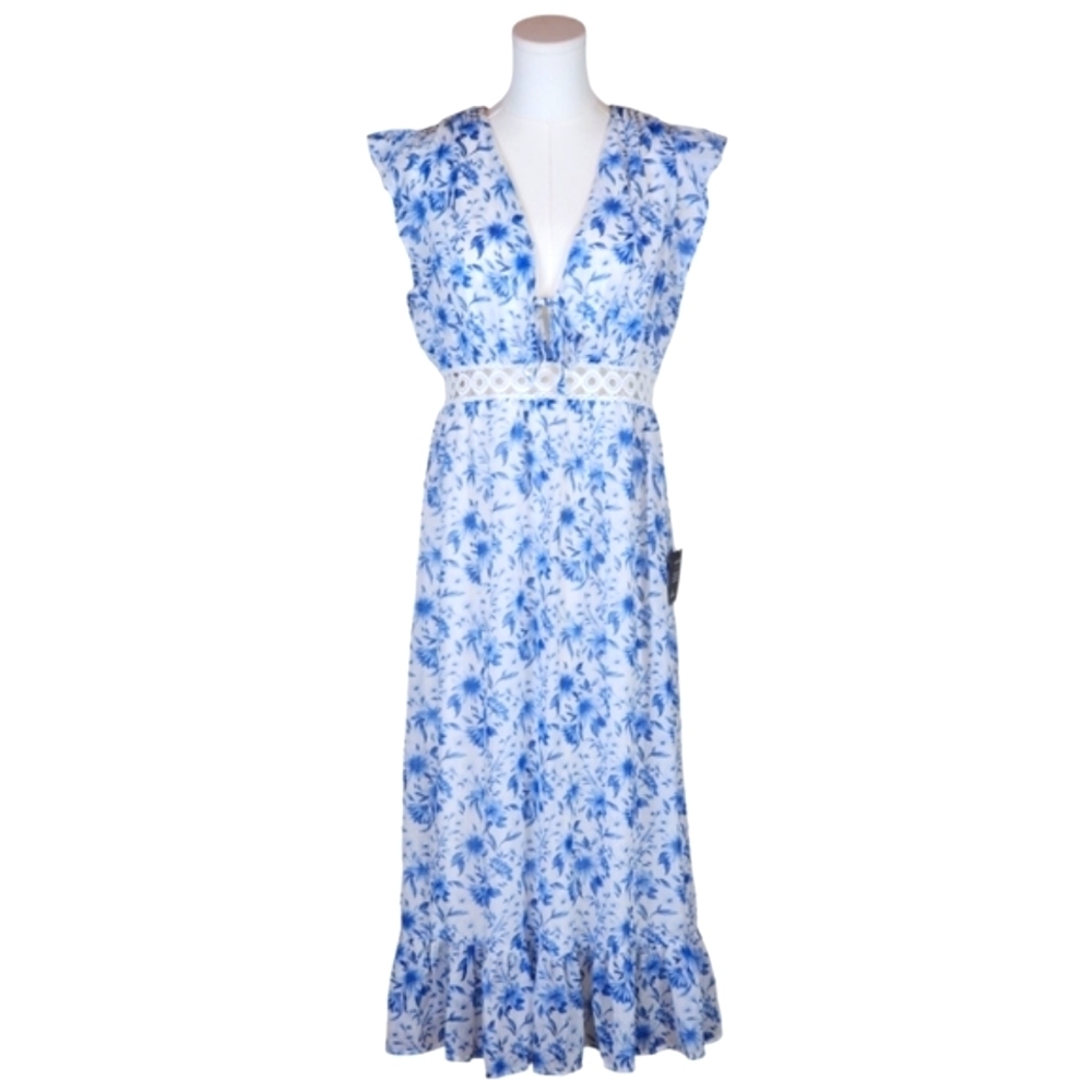 Lulus Make Things Shine White Blue Floral Midi Lightweight Flowy Dress L